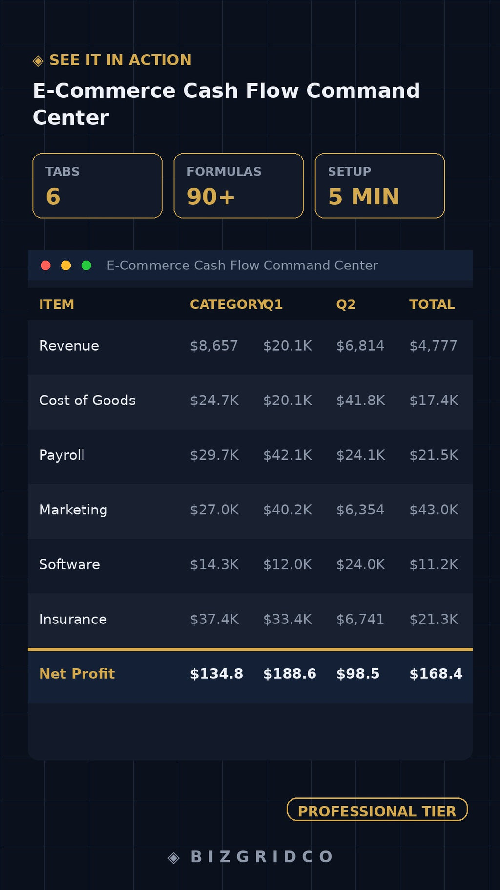 E-Commerce Cash Flow Tracker Spreadsheet | DTC P&L Dashboard | Shopify Amazon Multi-Channel Finance