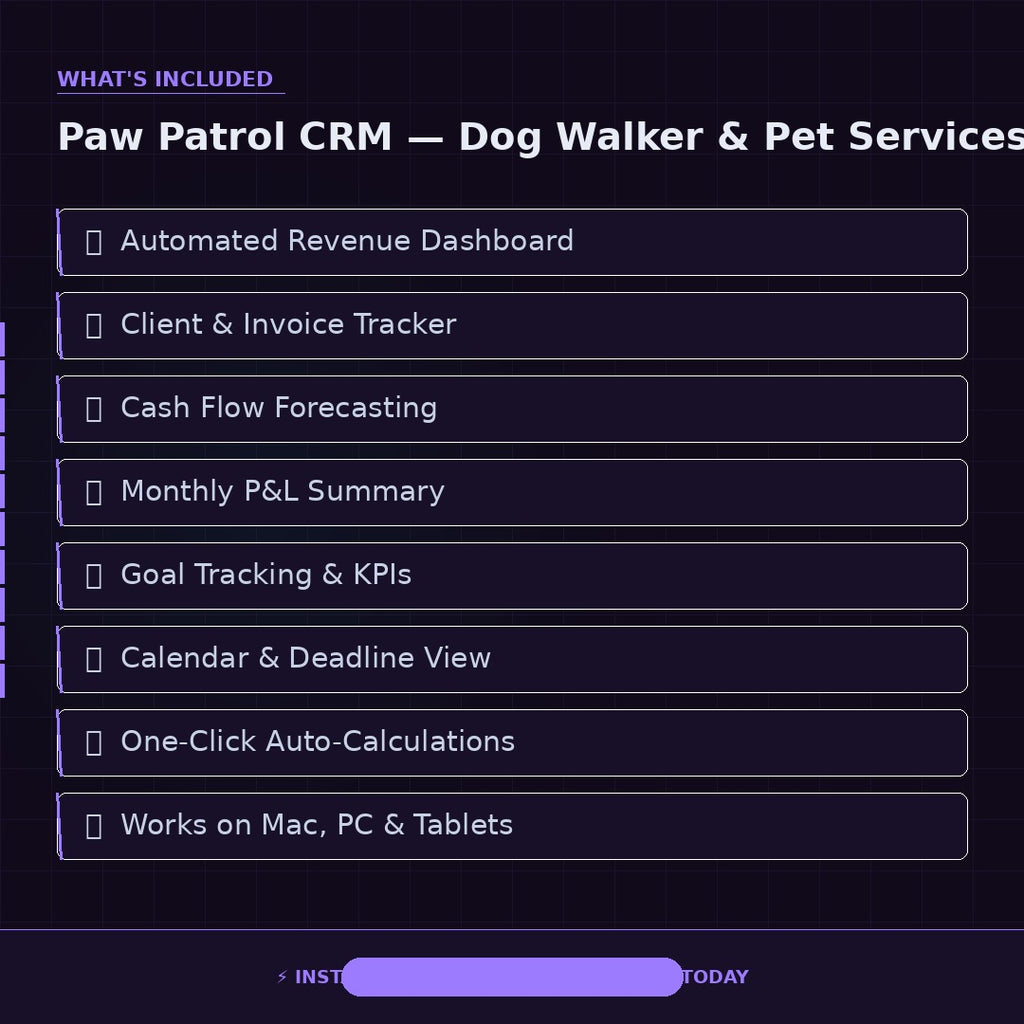 Dog Walker CRM Spreadsheet | Pet Sitter Client Manager | Booking Tracker for Pet Services Business