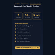 Personal Chef Pricing and Profit Tracker | Excel Spreadsheet for Food Cost, Client Billing & Weekly Income