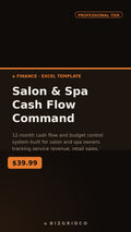Salon Spa Cash Flow Tracker 12-Month Budget Planner Service Revenue Retail Payroll Spreadsheet System