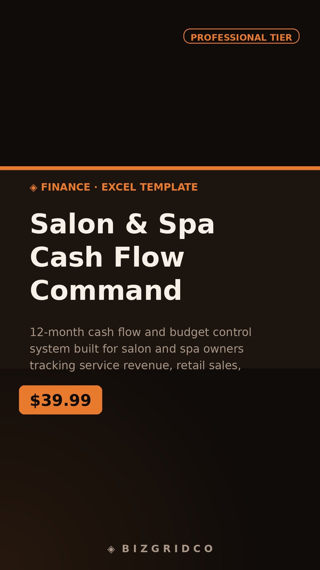 Salon Spa Cash Flow Tracker 12-Month Budget Planner Service Revenue Retail Payroll Spreadsheet System
