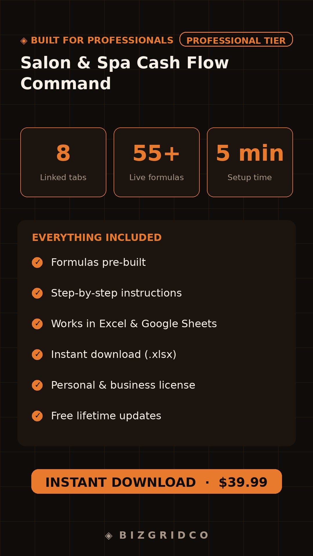 Salon Spa Cash Flow Tracker 12-Month Budget Planner Service Revenue Retail Payroll Spreadsheet System