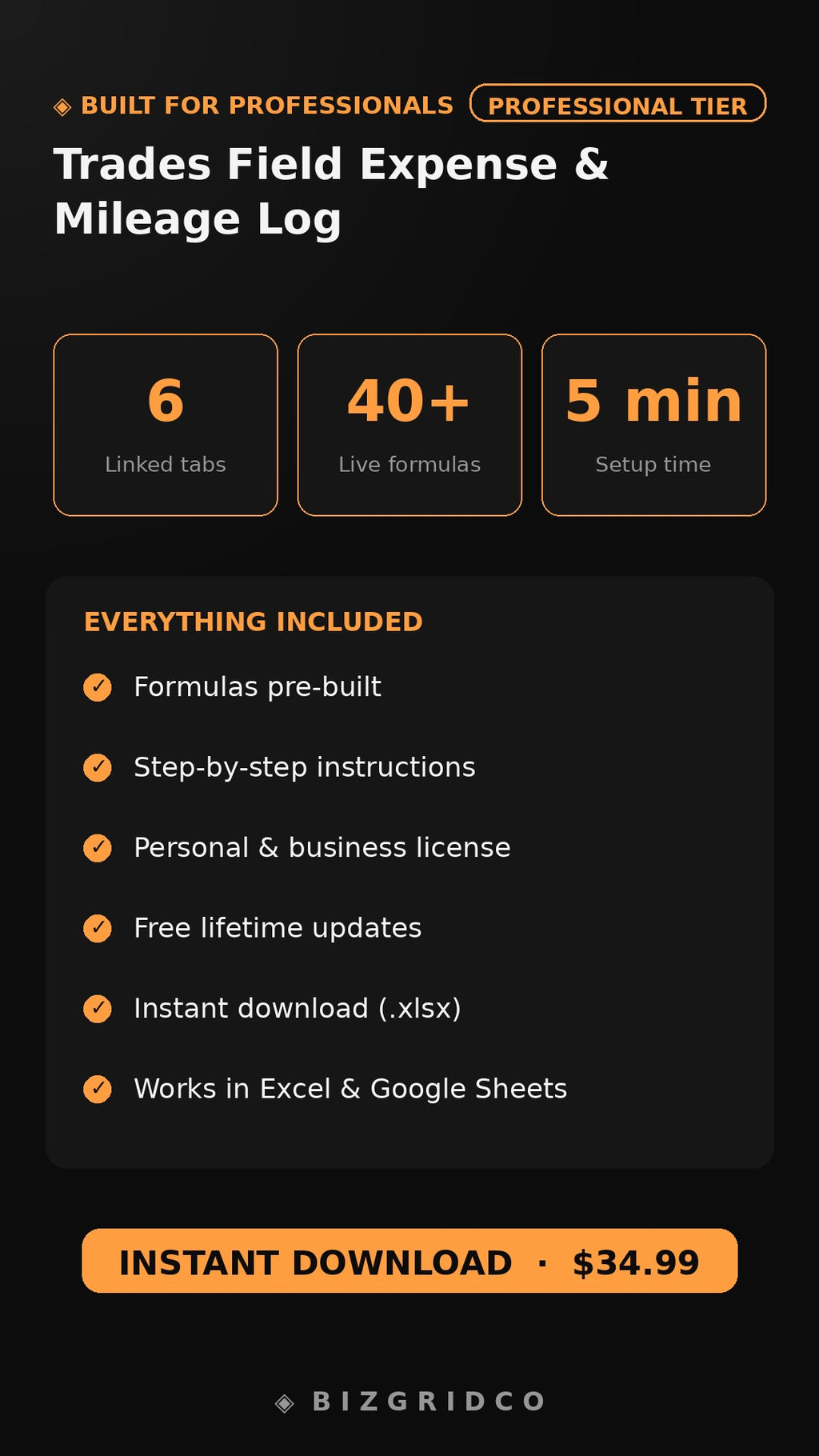 Contractor Expense & Mileage Log Spreadsheet | Field Crew Job Cost Tracker for Trades Small Business