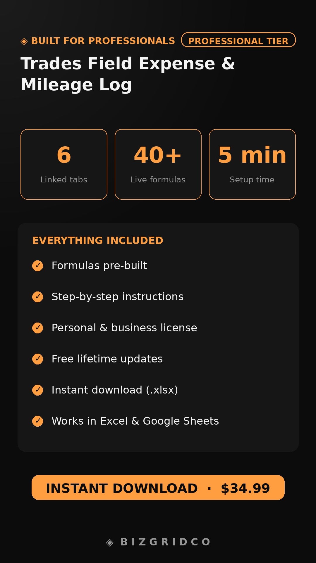 Contractor Expense & Mileage Log Spreadsheet | Field Crew Job Cost Tracker for Trades Small Business