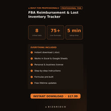 Amazon FBA Reimbursement Tracker | Lost and Damaged Inventory Recovery Tool with 18-Month Claim Window Excel Spreadsheet - BizGridCo.