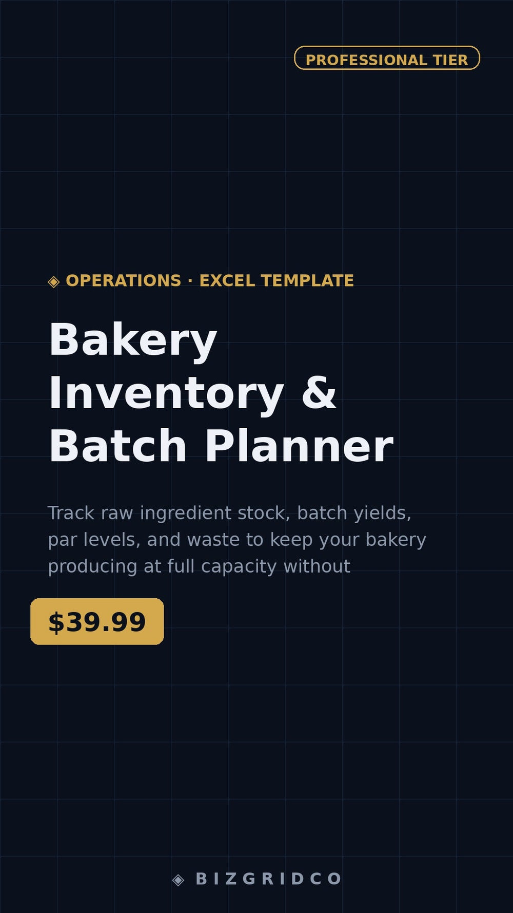 Bakery Inventory Tracker & Batch Planner Spreadsheet | Ingredient Stock, Par Levels, Waste Log Excel - BizGridCo.