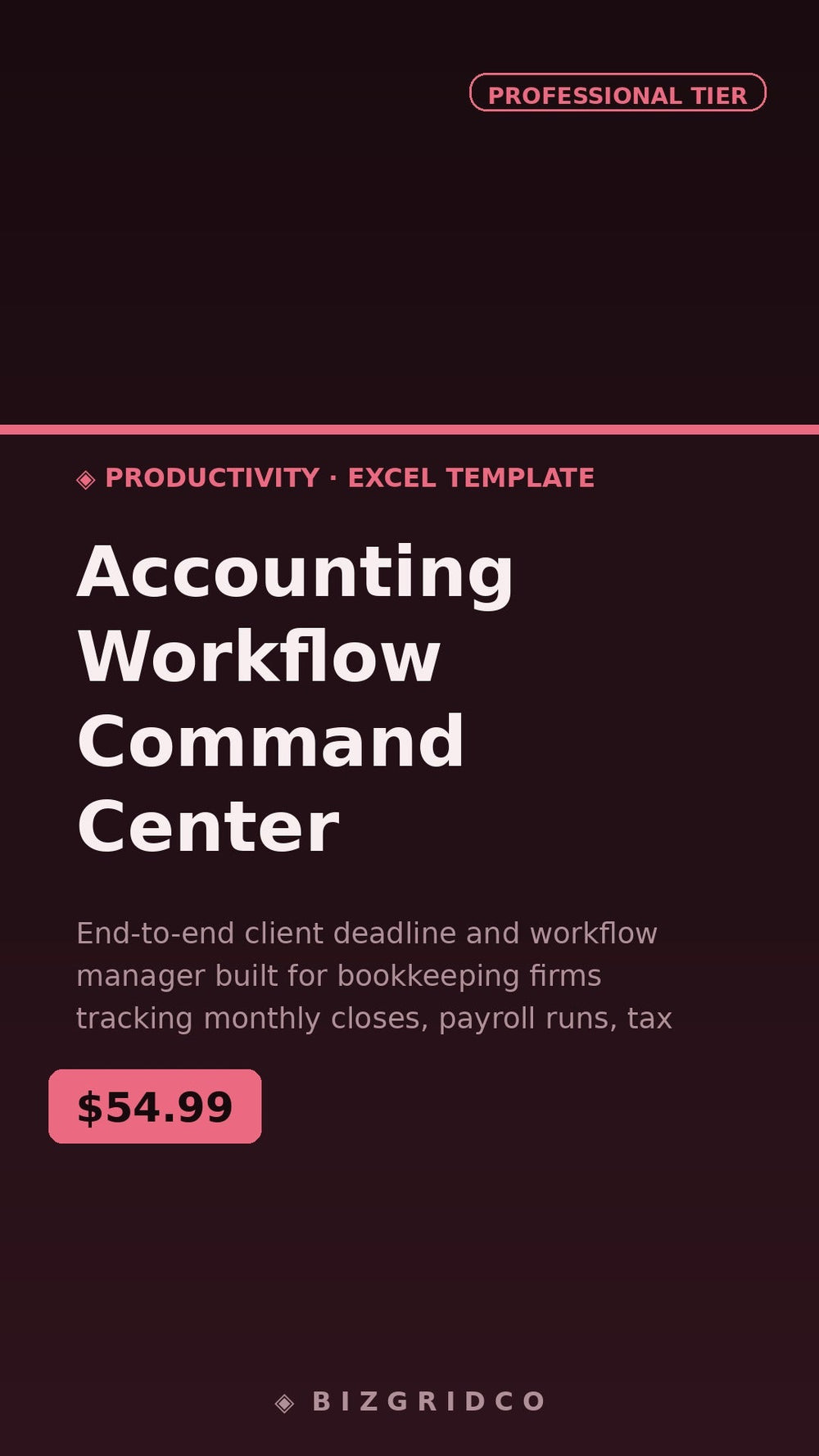 Bookkeeping Workflow Tracker | CPA Client Manager, Monthly Close, Tax Deadline & Payroll Spreadsheet - BizGridCo.