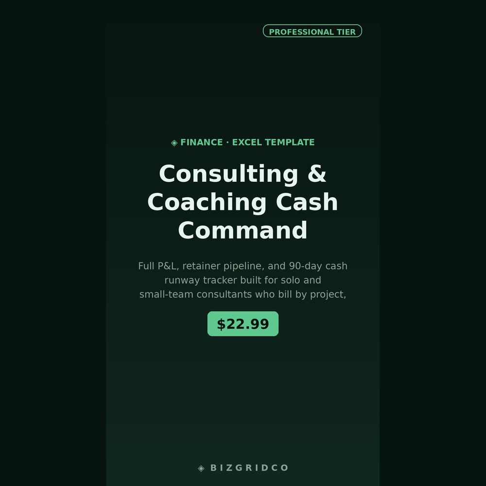 Consulting Business Finance Tracker | P&L, Retainer Pipeline and Cash Runway Spreadsheet for Coaches - BizGridCo.
