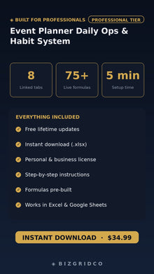 Event Planner Spreadsheet | Daily Ops & Habit Tracker | Client & Vendor Management | Google Sheets Excel - BizGridCo.