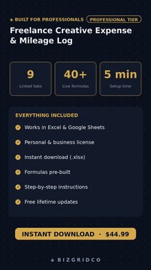 Freelance Expense Tracker & Mileage Log | Schedule C Spreadsheet | Profit and Loss | Bookkeeping Spreadsheet - BizGridCo.