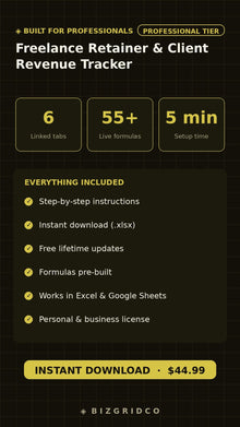 Freelance Income Tracker Google Sheets | Client Revenue & Retainer Billing | Profit and Loss Spreadsheet - BizGridCo.
