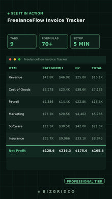 FreelanceFlow Invoice Tracker Spreadsheet | Freelancer Invoice Manager | Client Billing Cash Flow Template - BizGridCo.