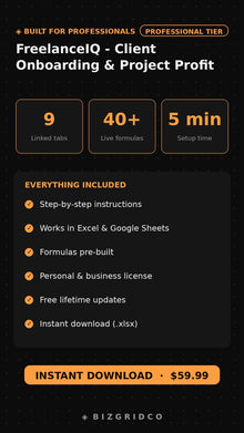 FreelanceIQ Client Onboarding & Project Profit Tracker | Freelancer Finance Dashboard Spreadsheet Tool - BizGridCo.