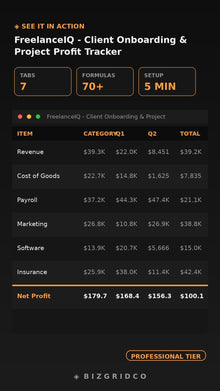 FreelanceIQ Client Onboarding & Project Profit Tracker | Freelancer Finance Dashboard Spreadsheet Tool - BizGridCo.