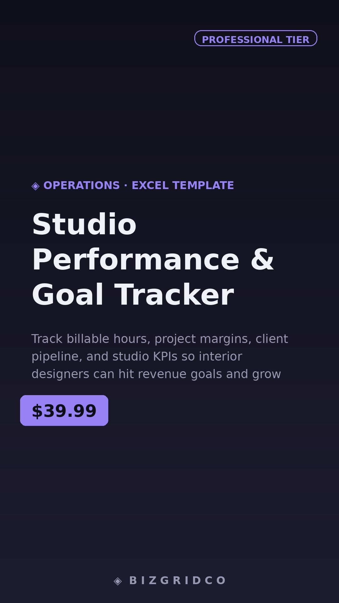 Interior Design Studio Performance Tracker | KPI Dashboard | Billable Hours, Project Margins & Revenue Goals - BizGridCo.