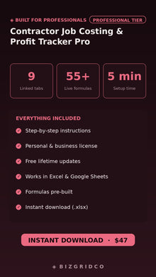 Job Costing Spreadsheet Contractor Profit Tracker Excel Google Sheets Small Business Finance Template - BizGridCo.