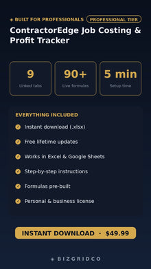 Job Costing Spreadsheet Contractor Profit Tracker Labor Cost Construction Budget Excel Google Sheets - BizGridCo.