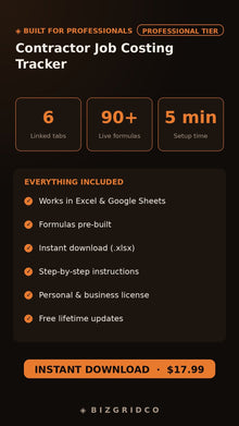 Job Costing Tracker for Contractors | Manage Multiple Projects & Margins in Excel or Google Sheets - BizGridCo.