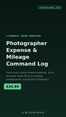 Photographer Expense & Mileage Log | Schedule C Tax Tracker | Freelance Studio Photography Business Finance - BizGridCo.