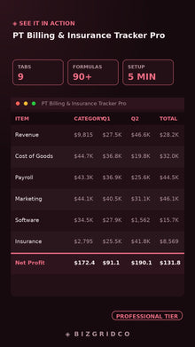 Physical Therapy Billing & Insurance Tracker | PT Revenue Cycle Claims Manager Spreadsheet Tool - BizGridCo.