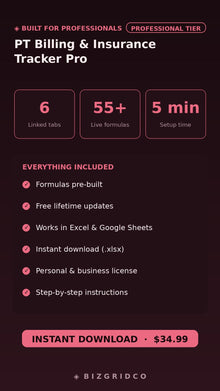 Physical Therapy Billing & Insurance Tracker | PT Revenue Cycle Claims Manager Spreadsheet Tool - BizGridCo.