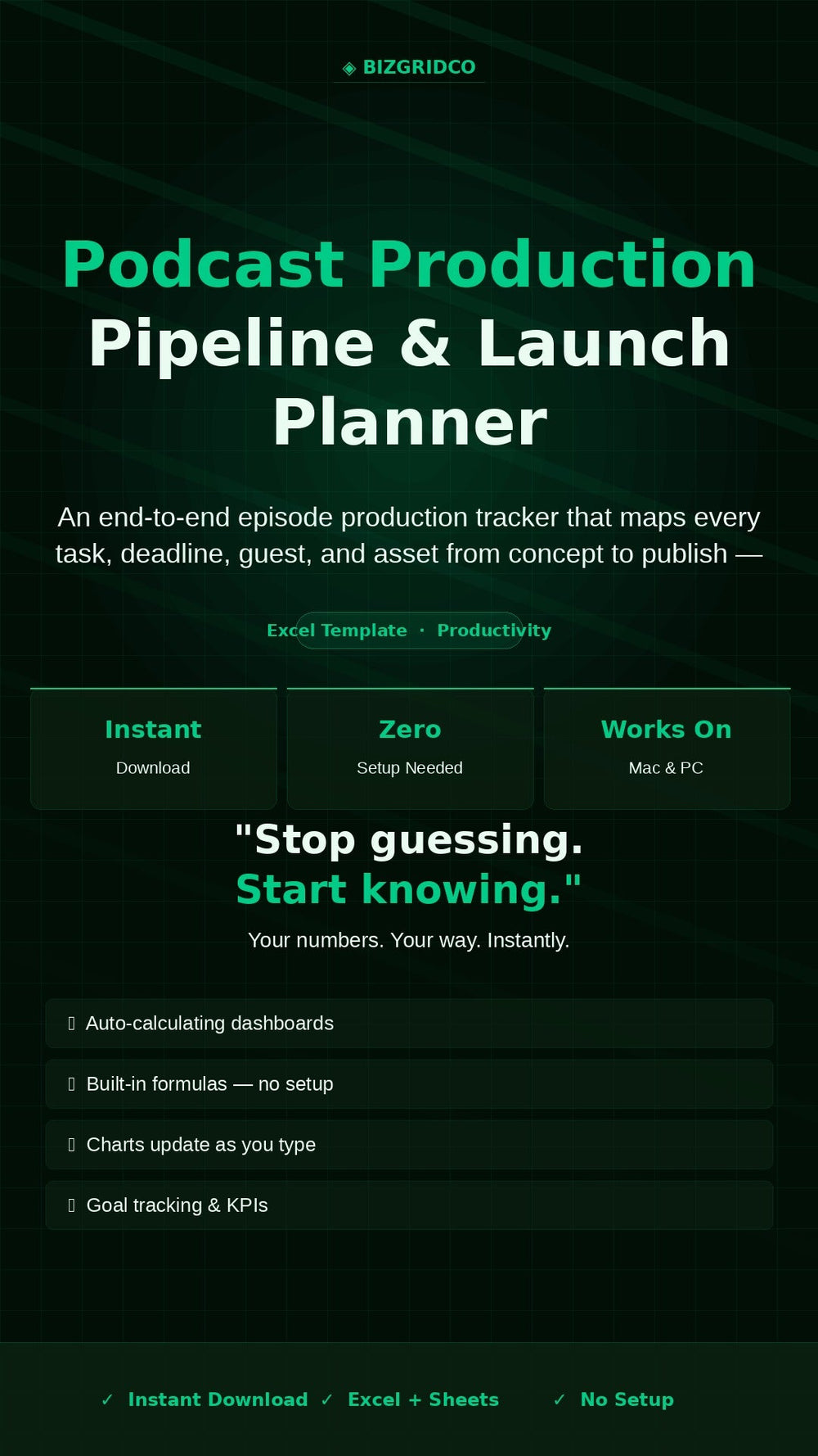 Podcast Production Planner Excel Template | Episode Tracker, Launch Checklist, Guest Tracker - BizGridCo.