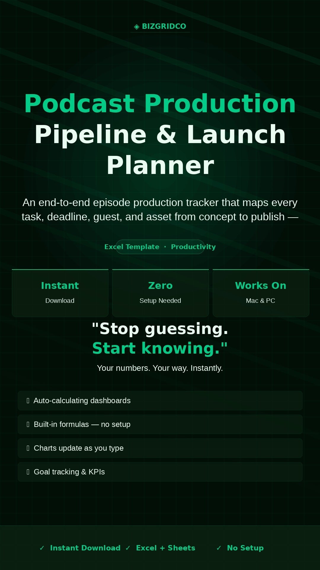 Podcast Production Planner Excel Template | Episode Tracker, Launch Checklist, Guest Tracker - BizGridCo.
