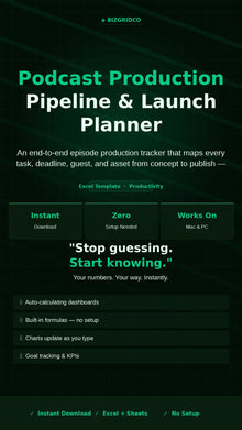 Podcast Production Planner Excel Template | Episode Tracker, Launch Checklist, Guest Tracker - BizGridCo.