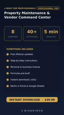 Property Maintenance Tracker Excel Template | Vendor Scorecard & Work Order Log for Property Managers - BizGridCo.