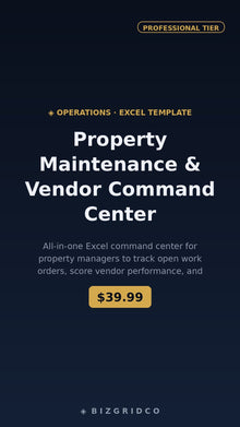 Property Maintenance Tracker Excel Template | Vendor Scorecard & Work Order Log for Property Managers - BizGridCo.