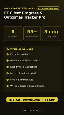 PT Client Progress & Outcomes Tracker Pro | Physical Therapy Excel Tracker | Patient KPI Dashboard - BizGridCo.