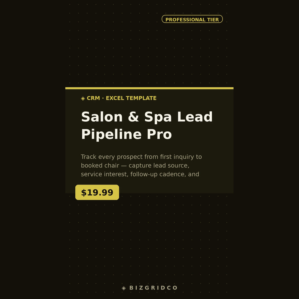 Salon and Spa Lead Tracker CRM | Client Inquiry Pipeline for Booking, Follow-Up & Conversion Spreadsheet - BizGridCo.
