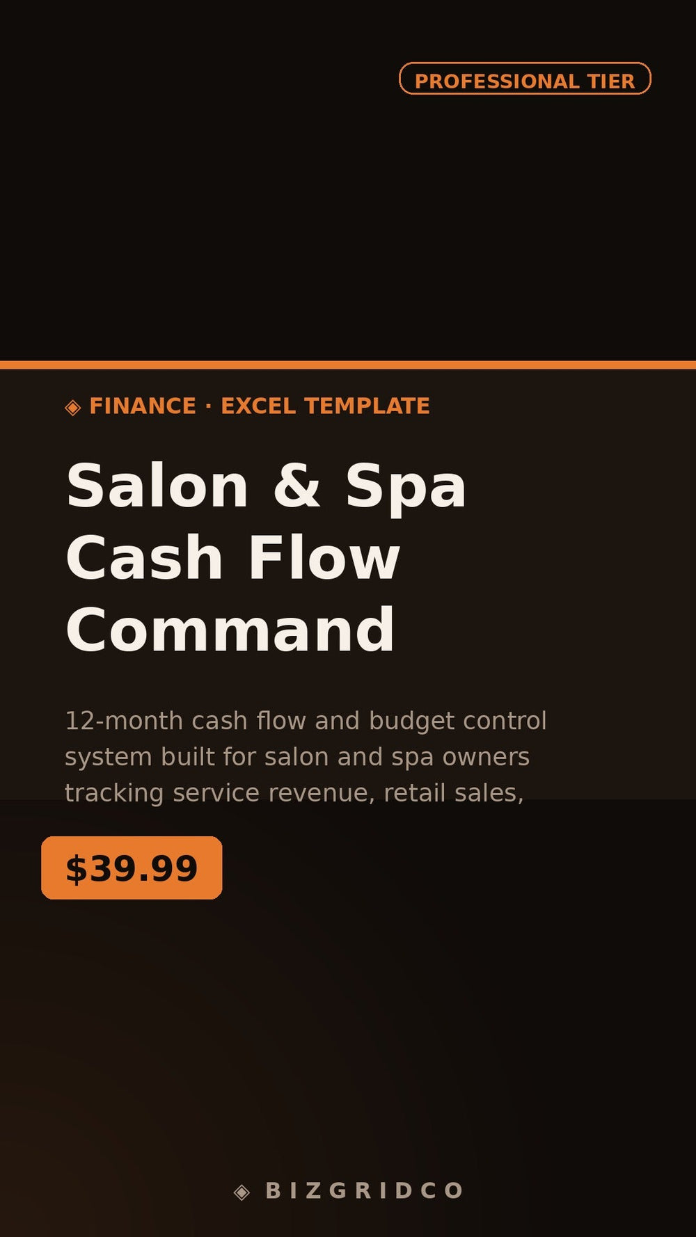 Salon Spa Cash Flow Tracker 12-Month Budget Planner Service Revenue Retail Payroll Spreadsheet System - BizGridCo.