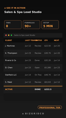 Salon Spa CRM Lead Tracker | Marketing ROI Spreadsheet | Client Conversion Studio for Salons - BizGridCo.