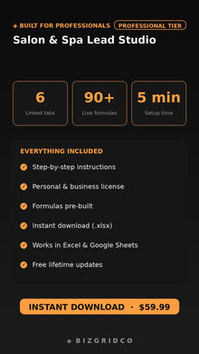 Salon Spa CRM Lead Tracker | Marketing ROI Spreadsheet | Client Conversion Studio for Salons - BizGridCo.