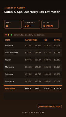 Salon Spa Quarterly Tax Estimator Spreadsheet | Self-Employment Tax Planner for Salon Owners W2 Booth - BizGridCo.