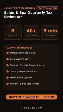 Salon Spa Quarterly Tax Estimator Spreadsheet | Self-Employment Tax Planner for Salon Owners W2 Booth - BizGridCo.