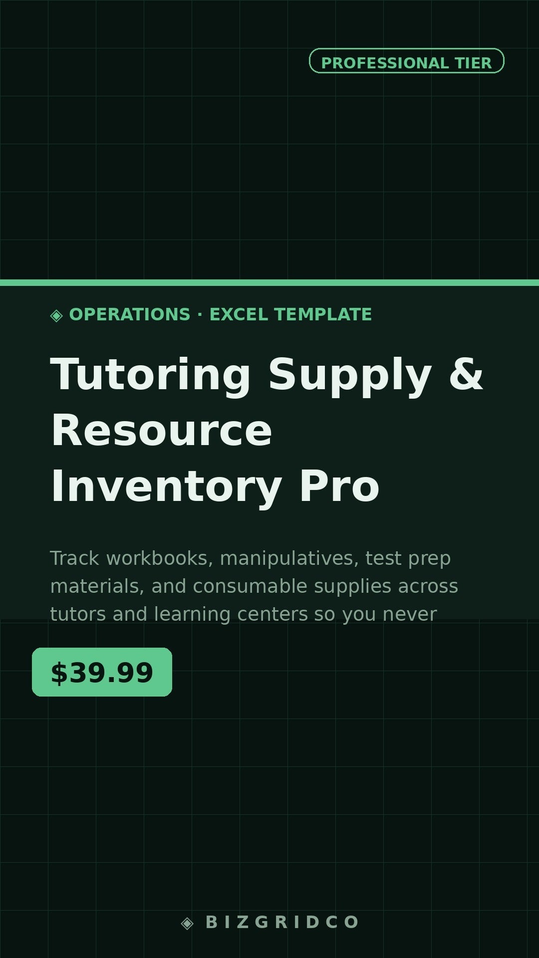 Tutoring Center Inventory Tracker Spreadsheet | Supply & Resource Management Excel Google Sheets - BizGridCo.