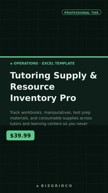 Tutoring Center Inventory Tracker Spreadsheet | Supply & Resource Management Excel Google Sheets - BizGridCo.
