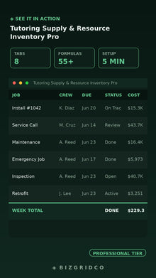 Tutoring Center Inventory Tracker Spreadsheet | Supply & Resource Management Excel Google Sheets - BizGridCo.