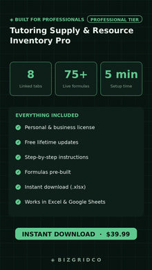 Tutoring Center Inventory Tracker Spreadsheet | Supply & Resource Management Excel Google Sheets - BizGridCo.