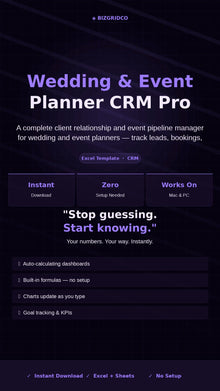 Wedding Planner CRM Template Excel | Event Client Tracker Leads Bookings Vendor Revenue Pipeline Manager - BizGridCo.
