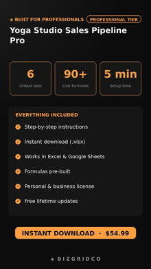Yoga Studio Sales Pipeline Tracker | Membership Conversion Funnel | Studio Revenue Forecast Spreadsheet - BizGridCo.