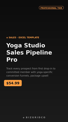 Yoga Studio Sales Pipeline Tracker | Membership Conversion Funnel | Studio Revenue Forecast Spreadsheet - BizGridCo.